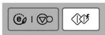 Two gray rectangular icons with symbols: one with a dotted circle and the other with a lightning bolt and a crossed arrow.