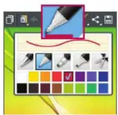 Screenshot of a graphic design software interface showing tool icons, color palette, and a pen tip with selection tools.