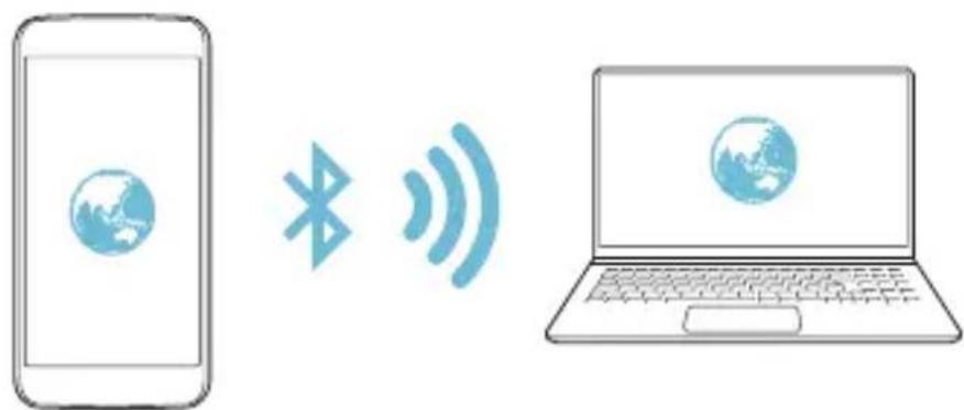 Diagram showing a smartphone connected to a laptop via wireless signal and globe icon, symbolizing global connectivity or data transfer.