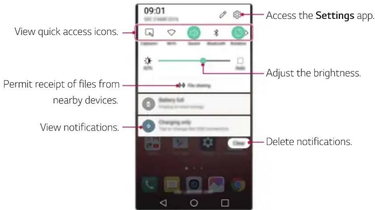 09:01 Access the Settings app. View quick access icons. Adjust the brightness. Permit receipt of files from nearby devices. View notifications. Change only Delete notifications.