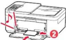 Diagram of a printer with musical note and page number label, showing paper movement and print orientation