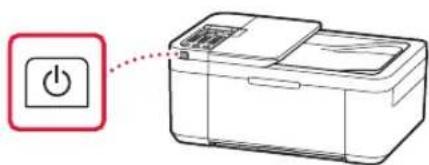 Diagram showing a power button icon next to a printer, with a red dotted arrow pointing to it.