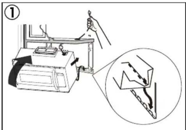 Diagram illustrating a sewing machine operation with labeled parts and a magnified detail showing the sewing process.