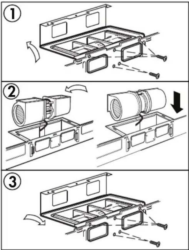 Technical diagram showing three-step assembly of a device with labeled steps and directional arrows indicating motion.