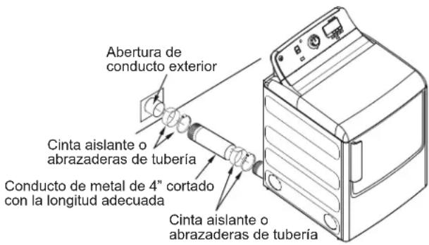 Abertura de conducto exterior Cinta aislante o abrazaderas de tubería Conducto de metal de 4" cortado con la longitud adecuada Cinta aislante o abrazaderas de tubería