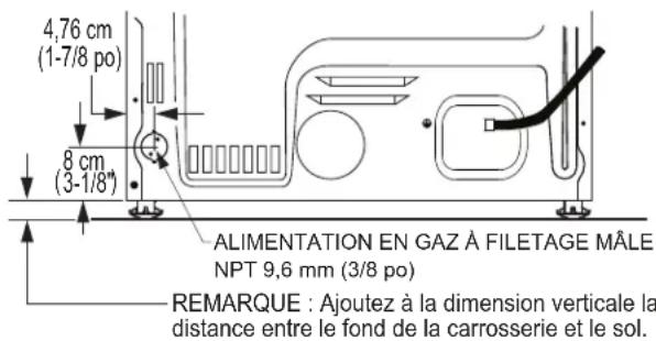 4,76 cm (1-7/8 po) 8 cm (3-1/8°) ALIMENTATION EN GAZ À FILETAGE MÂLE NPT 9,6 mm (3/8 po) REMARQUE : Ajoutez à la dimension verticale la distance entre le fond de la carrosserie et le sol.