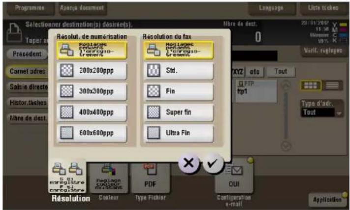 Résolut. de numérisation Résultes 200x200ppp 300x300ppp 400x400ppp 600x600ppp Résolution du fax Std. Fin Super fin Ultra Fin Résolution Couleur PDF OUI Configuration e-mail RÉSOLUTION 19:38 M Mérature C 99% K 201/01/2012 201/01/2012 List tiches Selectioner destination(s) désiret(s) Taper as Présiden…