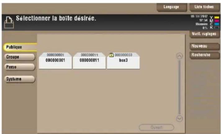 Sélectionner la boîte désirée. Language Liste fiches 19/01/2007 Y 12:34 M Monère C 0% Verif. reglages Nouveau Rosherehe Publique Groupe Perso Système 000000001 000000011 000000011 00000003 box3 Ouvert
