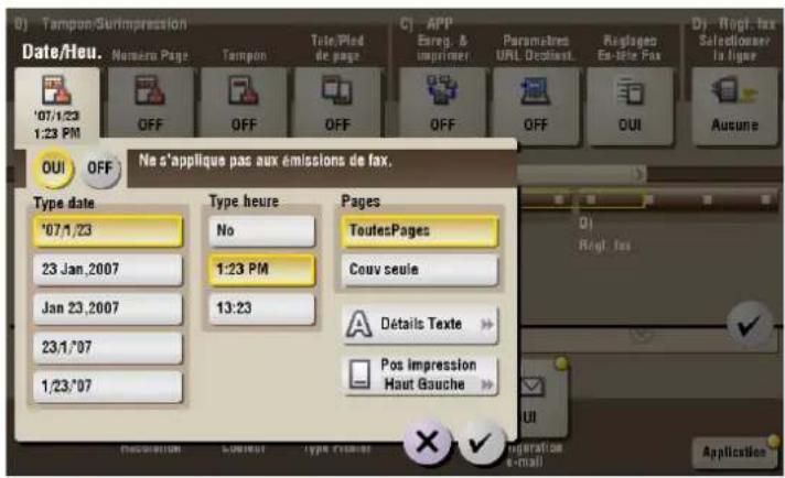 Tampson/Surimpression Date/Heu. Nouéro Page Tampon Tele/Plad de page CJ APP Eareg. & imprimer Paramètres URL Octobreau Reglages En-lele Fax Dj Rogt fixe Selectioner la ligne 07/1/23 1:23 PM OFF OFF OFF OFF OFF OUI Ausune OUI OFF Ne s'applique pas aux émissions de fax. Type date '07/1/23 23 Jan,2007…
