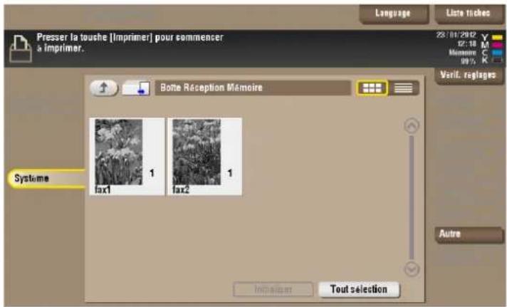 Presser la touche [Imprimer] pour commencer a imprimer. Language Liste tiches 23/01/2012 12:18 M Memoire C 99% Verit. réglages Boite Reception Memoire Systeme fax1 1 fax2 1 Autre Impalizer Tout selection