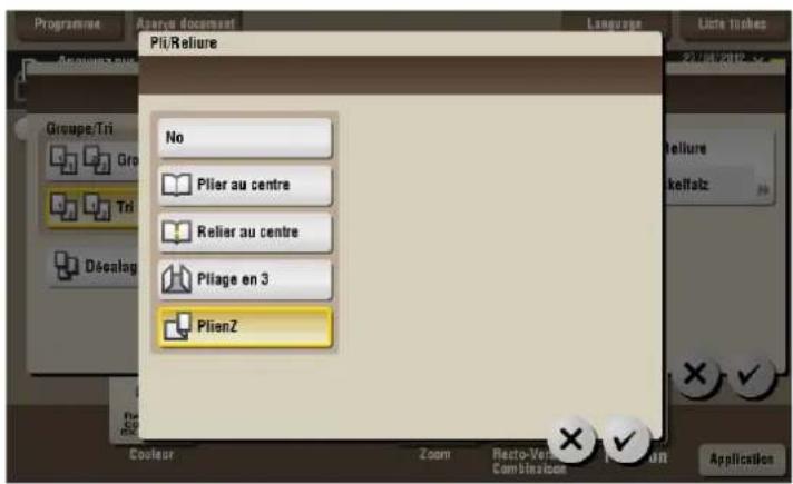 Programmat Active document Pli/Reliure Language Liste listes Groupe/Tri Grou Tri Désalag No Plier au centre Relier au centre Pliage en 3 PlienZ Coulier Zoom Resto-Ven Combination Application