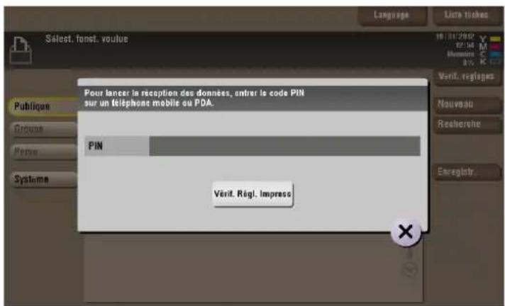 Pour lancer la reception des donnés, entrer le code PIN sur un téléphone mobile ou PDA. PIN Vérif. Règl. Impress