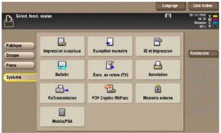 Language Liste ticks Select. font. vouue Publique Groupe Perso Systeme Impression sécurisée Reception memoire ID et Impression Bulletin Émis. en relève (TX) Annotation ReTransmission PDF Cryptías MdPass Mémoire externe Mobile.PDA 19/01/2017 14:12 Memoire 0875 X Recherche