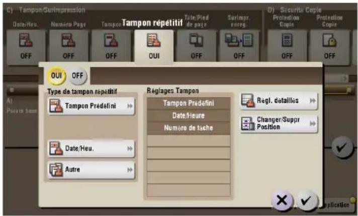 C) Tampon/Surimpression Date/Heu. Numero Page Tampon Tampon répetitif Tale/Pled de page Surimpr. enreg. D) Securite Copy Protection Copie Protection Copie OFF OFF OFF OFF OFF OFF OFF OFF OUI OFF Type de tampon répetitif Tampon Prédefini Réglages Tampon Tampon Prédefini Date/Heure Numero de lache Reg…