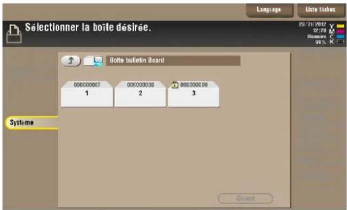 Sélectionner la boîte désirée. Language Liste Inches 28/01/2002 12:20 Mérieure 59% Boîte bulletin Board 00000007 1 00000008 2 00000009 3 Systeme Ouvert