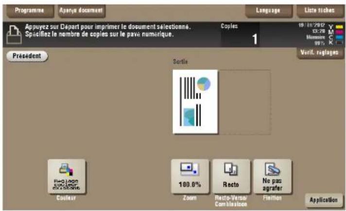 Programme Aparya document Language Liste tiches Appuyez sur Départ pour imprimer le document sélectionné. Spacifiez le nombre de copies sur le pava numérique. Copies 1 Précedent Sortis Verif. regloges Histogram 100.0% Zoom Resto-Verse Combinations Ne pas agrafer Coaleur Fiction Applications