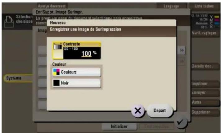 Aparay document Enr/Suppr. Image Surimpr. La première page du document sélectionn sera enregistrer comm Nouveau Enregistrer une Image de Surimpression Contraste 20 - 169 100 % Couleur Couleurs Noir Depart Initialiser Language Liste tiches S11/01/2012 18:36 M Moulin 95% Verit. reglages Systema Detale…