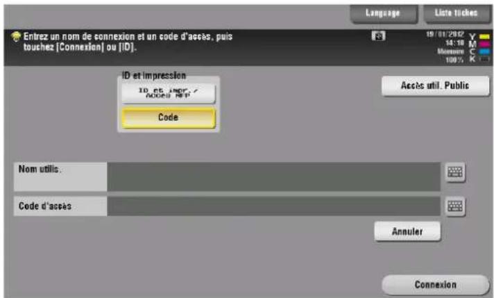 Entrez un nom de connexion et un code d'acès, puis touchez [Connexion] ou [ID]. Language Liste tiches 19/01/2002 54:10 Mention 100% ID et impression ID. 65 - AMD / Access NET Code Accès util. Public Nom utilis. Code d'acès Annuler Connexion