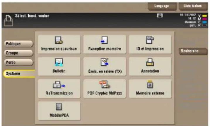 Language Liste tickes Select. font. vouue Publique Groupe Perso Systeme Impression sécurisée Reception memoire ID et Impression Bulletin Émis. en relève (TX) Annotation ReTransmission PDF Cryptés MdPass Mémoire externe Mobile.PDA 19/01/2017 14:12 Memoire 08% Recherche