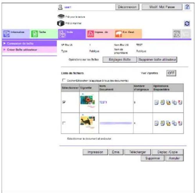 user1 Déconnexion Modif. Mot. Passe Pré pour le lecture Pré 2 imprimer Information Tâche Bolte Impresse d'e Ecor. Desat Compression de boîte N° Bix UL I Nom Bix UL TEST Type Publique Nom de préparative Publique Opérations sur les Boîtes Réglages Bolte Supprimer boîte utilisateur Liste de Schiers Vue…