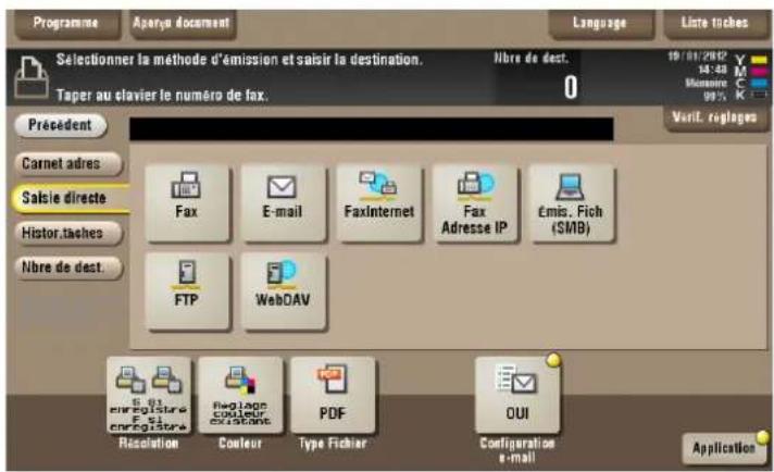 Programme Apoyo document Language Liste inches Selectioner la méthode d'émission et saisir la destination. Taper au clavier le numéro de fax. Nbre de dest. 0 19/01/2012 14:48 Mérie 99% Verif. reglages Présèdent Carnet adres Saisie directe Histor.taches Nbre de dest. Fax E-mail FaxInternet Fax Adress…