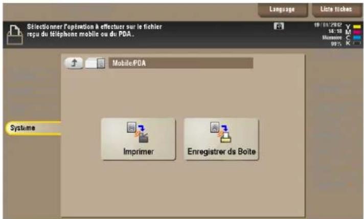 Sélectionner l'opération à effectuer sur le fichier reçu du téléphone mobile ou du PDA. Language Liste fiches 19/01/2002 54:18 Mensaire 99% Mobile.PDA Systeme Imprimer Enregistrer ds Boite