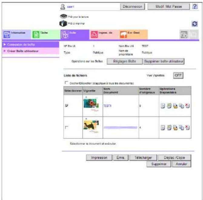 user1 Déconnexion Modif. Mot Passe Pé pour le lecture Pé 2 impérêts Information Tâche Boîte Impres. d'e Enr. Dest Corression de boîte N° Btu Ult I Nom Btu Uul TEST Type Publique Nom de présentaire Publique Opérations sur les Boîtes Réglages Boîte Supprimer boîte utilisateur Liste de tîchiers Vue Vig…