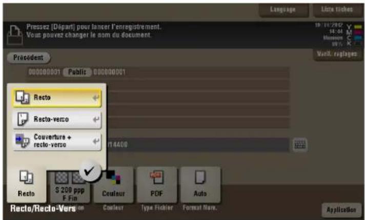 Pressez [Départ] pour lancer l'enregistrement. Vous pouvez changer le nom du document. Précedent 00000001 Public 00000001 Recto Recto-verso Couverture + recto-verso R4400 Recto S-200 ppp F Fin Couleur PDF Auto Recto/Recto-Vers Application
