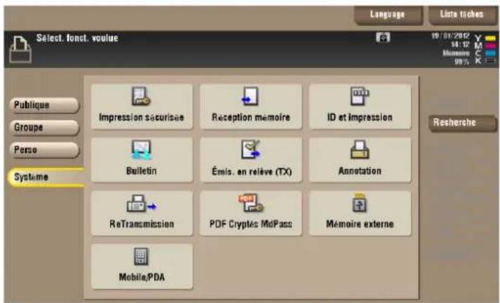 Select. fonct. voulue Language Liste inches 19/01/2012 14:12 Mérieure 99% Publique Groupe Perso Systeme Impression sécurisée Reception mémoire ID et impression Bulletin Émis. en relève (TX) Annotation ReTransmission PDF Cryptés MdPass Mémoire externe Mobile/PDA Rescherche
