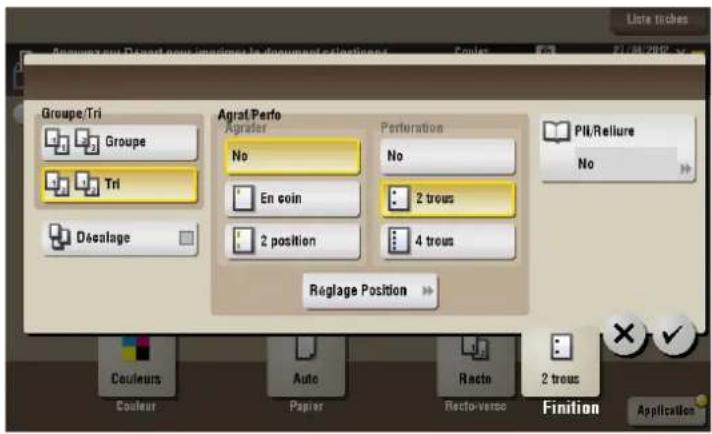 Groupe/Tri Groupe Tri Décilage Agral/Perfo Agrader No En coin 2 position Portération No 2 trous 4 trous Pill/Relure No Reglage Position Couleurs Coulour Auto Papier Recto-verse 2 trous Finition Application