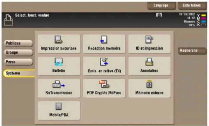 Language Liste tickes Sélect. font. vouue Publique Groupe Perso Systeme Impression sécurisée Reception memoire ID et Impression Bulletin Émis. en relève (TX) Annotation ReTransmission PDF Cryptics MdPass Mémoire externe Mobile.PDA 19/01/2017 14:12 Memoire 59% Rescherche