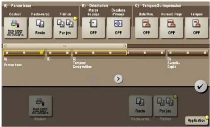A) Param base Couleur Redo-verso Fisillon B) Orientation Merge de page Decalage d'image Date/Res. Numéro Page Tempon Rempage Ex Isborne Resto Par jeu OFF OFF C) Tampon/Surimpression Date/Res. Numéro Page Tempon A) Param base B) C) Tempon/ Composition D) Securitis Copie Couleur Redo-verso Fisillon Ap…