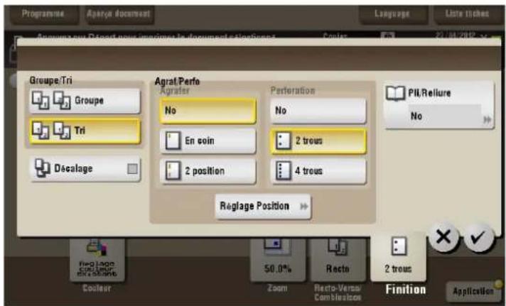 Programme Apgye document Language Liste inches Apgye out Detect pour important le document selection Groupe/Tri Groupe Tri Descalage Agrat/Perfo Agratier No En soin 2 position Perforation No 2 trous 4 trous Pill/Reilure No Reglage Position 50.0% Zoom Recto-Vermé Combinétes 2 trous Finition Applicati…