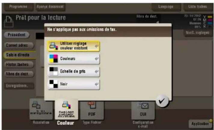 Prêt pour la lecture Ne s'applique pas aux émissions de fax. Utiliser réglage couleur existant Couleurs Echelle de gris Noir Presédent Cornet adres Salcie directe Histor taches Nbre de dest. Enregistrem. Resolution Couleur PDF OUI Configuration e-mail Application