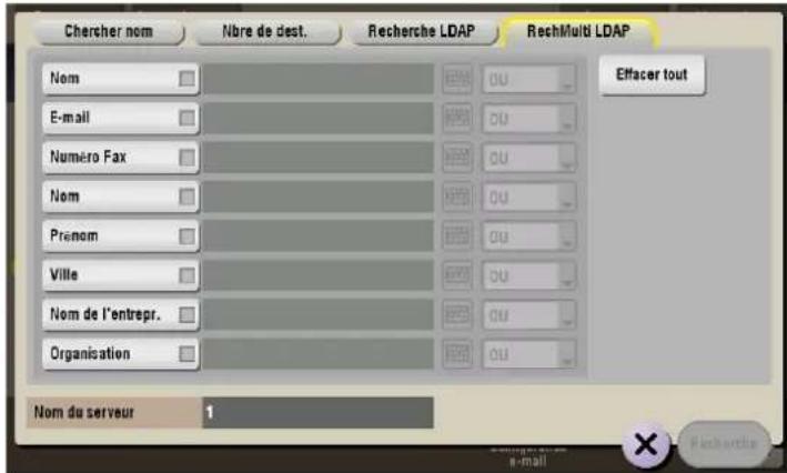 Chercher nom Nbre de dest. Recherche LDAP RechMulti LDAP Nom E-mail Numéro Fax Nom Prénom Ville Nom de l'entrepr. Organisation Effacer tout Nom du serveur 1