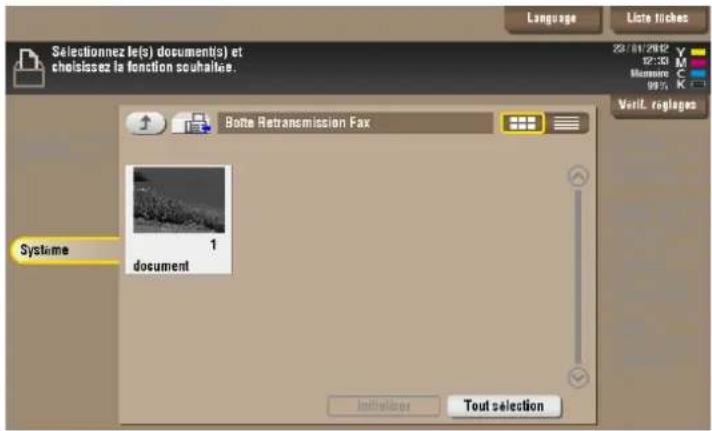 Selectionnez le(s) document(s) et cheisissez la fonction souhaites. Language Liste tiches 28/01/2002 Y 22:33 M Mouiné C 99% K Verit. régloges Botte Retransmission Fax Systeme 1 document Initiative Tout selection