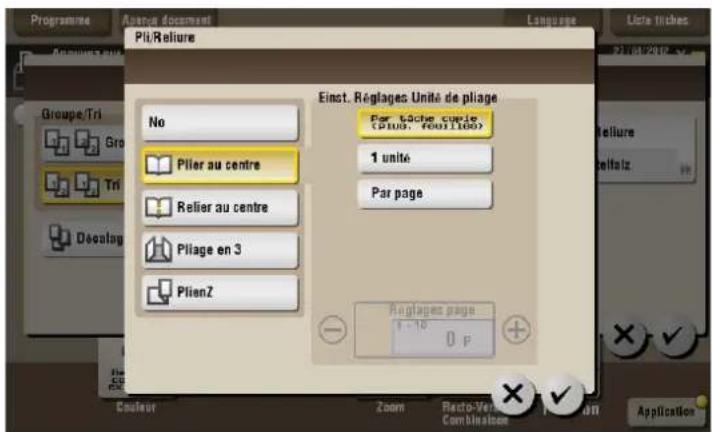 Programme Avec document Pli/Reliure Language Liste inches Groupe/Tri Grou Tri Decalag Einst. Régages Unité de pliage No Plier au centre 1 unité Par page Retire Rellatiz Plier au centre Pilage en 3 PlienZ Régages page 1 - 10 0 P Couleur Zoom Recto-Venus Combinato Application