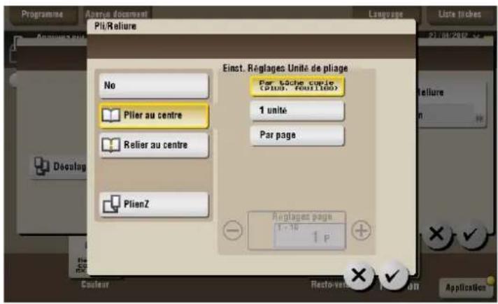 Programme Avec document Pli/Reliure Language Liste triches Avec document Pli/Reliure Einst. Régages Unité de pliage No Plier au centre 1 unité Par page Refiere Retiere Plier au centre Par page Doculag PlienZ Avec pages page 1 - 10 1 P Coulier Resto-Verat Application