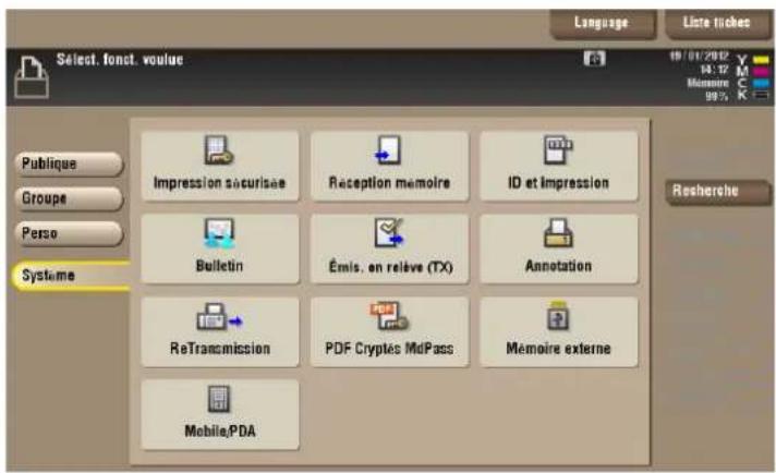 Select. fonct. voulue Language Liste inches 19/01/2002 18:17 Memoire 99% Publique Groupe Perso Systeme Impression sécurisée Reception memoire ID et impression Bulletin Émis. en relève (TX) Annotation ReTransmission PDF Cryptés MdPass Mémoire externe Mobile/PDA Rescherche