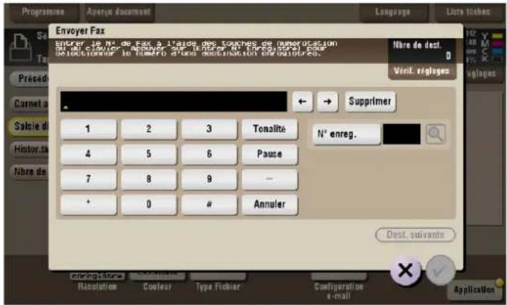 Envoyer Fax Sétiner is N° de Fax à l'âde des couches de l'umor location ou un cloutier approuse au l'entre N° en cistral pour déciation ou le numéro d'une construction en 0101450. Nère de desf. Verif. véglopes Supprimer 1 2 3 Tonalite N° enreg. 4 5 6 Pause 7 8 9 — * 0 # Annuler Dest. suivante Enviro…