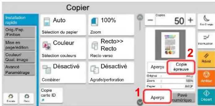 Copier Installation rapide Orig./Pap. /Finition Mise en page/édition Couleur/ Qual. image Avancé Paramétrage Auto 100% Sélection du papier Zoom Couleur Sélection couleurs Recto>> Recto Désactivé Désactivé Combiner Agrafe/perforation Copie carte ID Copies 50 + Ecu Ennege 2 Aperçu Copie épreuve Original 100% Zoom 100% Aperçu Pavé numérique 1 Améler Décart
