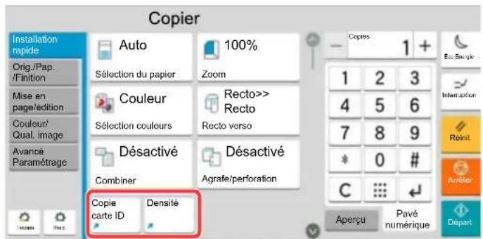 Copier Installation rapide Orig./Pap. /Finition Mise en page/édition Couleur/ Qual. Image Avancé Paramétrage Auto 100% Sélection du papier Zoom Couleur Sélection couleurs Recto>> Recto Recto verso Désactivé Désactivé Combiner Agrafe/perforation Copie carte ID Densité Copies 1 + 1 2 3 4 5 6 7 8 9 * 0 # C Aperçu Pavé numérique Départ