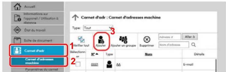 Accueil Informations sur l'appareil / Utilisation à distance État du travail Boîte de document Carnet d'adr Carnet d'adresses machine Paramètres du carnet ↑ Carnet d'adr : Carnet d'adresses machine Type: Tout 1 Verifier tout Ajouter Ajouter un groupe Supprimer Adressu il Aller à Nom d'adress 2 Selectionn or N ▲ Type Num Détalles 0001 AA E-mail
