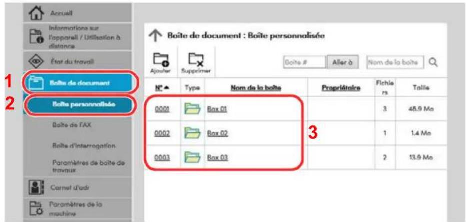 Accueil Informations sur l'appareil / Utilisation à distance État du travail Boîte de document : Boîte personnalisée Ajuster Supprimer Boîte # Aller à Nom de la boîte N° Type Nom de la boîte Propriétaire Fichlera Tallie 0001 Box 01 0002 Box 02 0003 Box 03 3 1 1.4 Mo 2 13.9 Mo