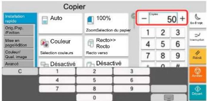 Copier Installation rapide Orig./Pap. /Finition Mise en page/édition Couleur/ Qual. Image Avancé Auto 100% ZoomSélection du papier Couleur Sélection couleurs Recto>> Recto Recto verso Désactivé Désactivé C 1 2 3 4 5 6 7 8 9 0 Copies 50 + Eco Énergie 1 2 3 4 5 6 7 8 9 * 0 # Arrêter Départ