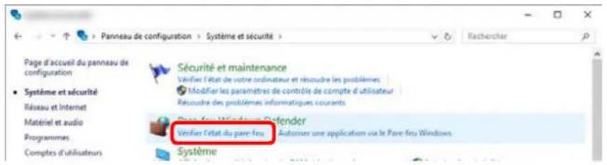 Panneau de configuration > Système et sécurité > Page d'accueil du panneau de configuration Système et sécurité Réseau et Internet Matériel et audio Programmes Comptes d'utilisateurs Sécurité et maintenance Vérifier l'État de votre ordinateur et résoudre les problèmes: Modifier les paramètres de contrôle de compte d'utilisateur Récoultre des problèmes informatiques courants Pour fer médière, défender Vérifier l'État du pare-feu Autociner une application via le Pare-feu Windows Système