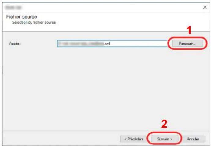 Fichier source Sélection du fichier source Accès : xml Parcourry.. 2 < Précident Suvant > Arruler