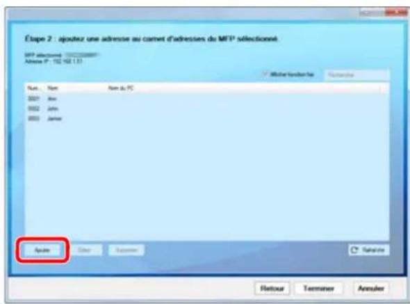 Étape 2 : ajoutez une adresse au carret d'adresses du MFP sélectionné. MFP électronne Adresse P : 152.163.1.0 Date: May Date to PC 0007 0008 0009 0010 Janus Ajoute Euler Supérieure Retour Terminer Annuler