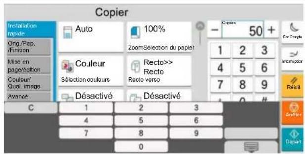 Copier Installation rapide Orig./Pap. /Finition Mise en page/édition Couleur/ Qual. image Avancé Auto 100% Zoom Sélection du papier Couleur Sélection couleurs Recto>> Recto Recto verso Désactivé Désactivé C 1 2 3 4 5 6 7 8 9 0 - Capiers 50 + En Peuple 1 2 3 4 5 6 7 8 9 Incmupdor Rainil Aménior Départ