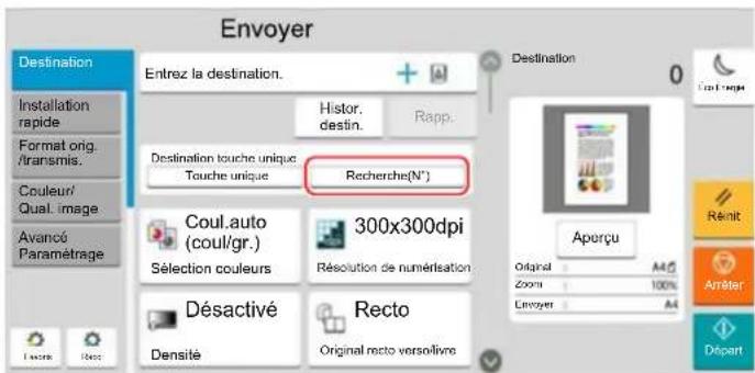 Envoyer Destination Entrez la destination. Histor. destin. Rapp. Destination touche unique Touche unique Recherche(N°) Coul.auto (coul/gr.) Sélection couleurs 300x300dpi Résolution de numérisation Désactivé Recto Densité Original recto versollivre Destination Aporçu Original Zoom: 100% Envoyer Amèter Départ